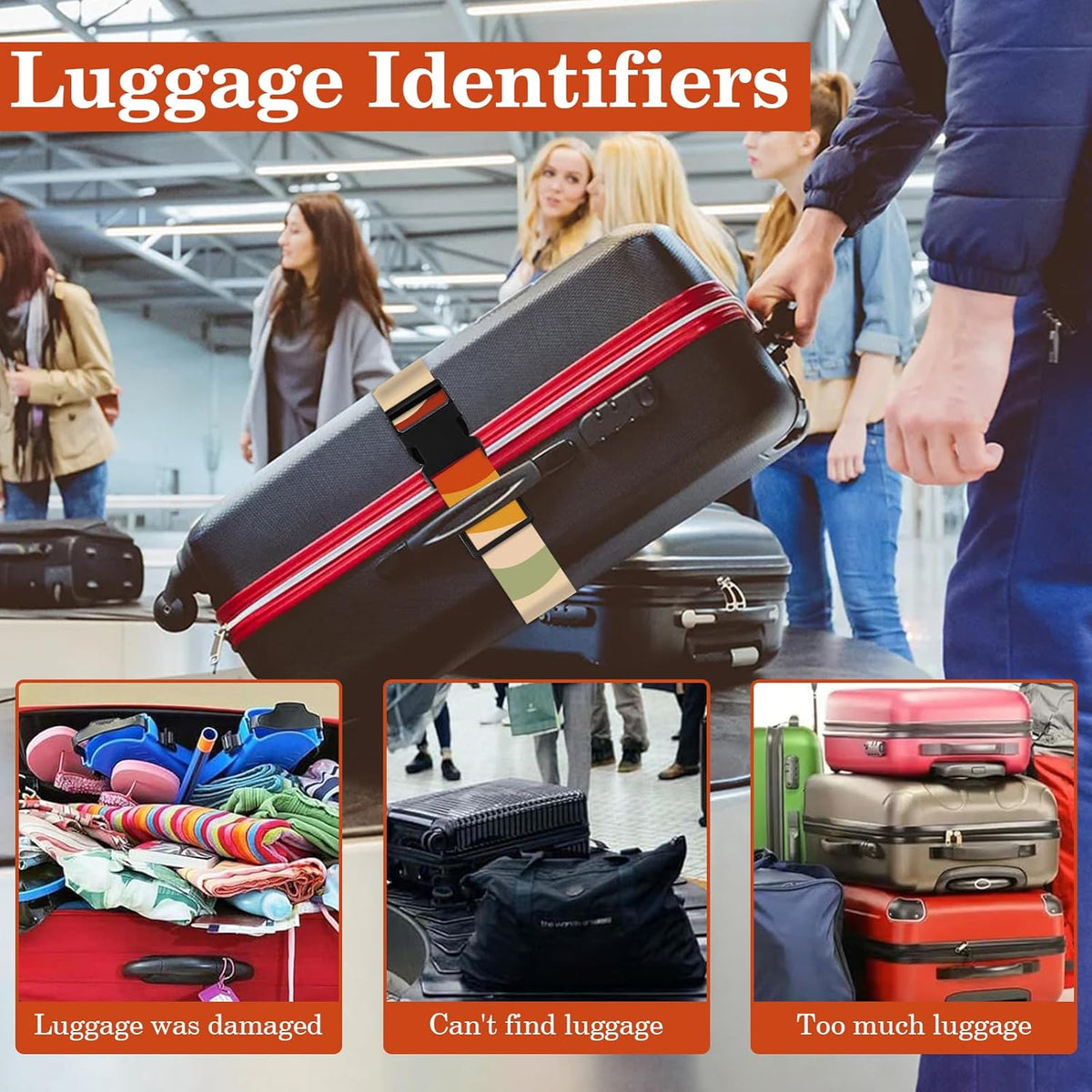 Luggage Straps for Suitcases TSA Approved, Luggage Identifiers for Suitcase, Adjustable Suitcase Strap for Baggage Security with Cute Patten, Travel Necessary Accessories (Retro Colorful Stripes)