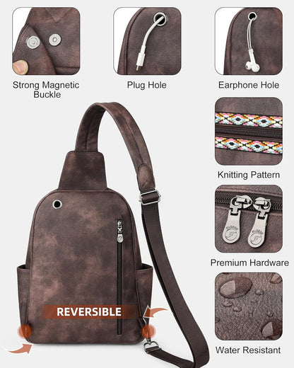 FADEON Large Sling Bag for Women, Leather Crossbody Purse Designer Anti Theft Sling Backpack, RFID Fanny Packs for Travel