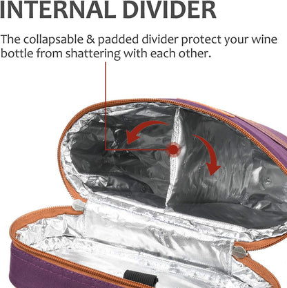 Tirrinia 2 Bottle Wine Gift Tote Carrier - Insulated & Padded Versatile Cooler Bag for Travel, BYOB Restaurant, Wine Tasting, Party, Great Gift for Wine Lover, Purple
