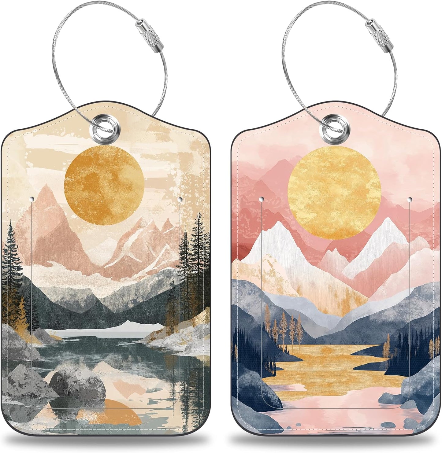 2 Pack Luggage Tags for Suitcases Abstract Pink Mountain Sun Landscape Leather Luggage Tags Privacy Cover ID Label with Stainless Steel Loop and Address Card for Women Men Travel Bag Backpack