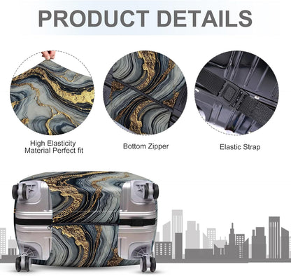 ANNA QUEEN Luxury Marble Gold Luggage Cover, Elegant Black & Grey Suitcase Protector with Faux Gold Vein Design, Stretchable, Washable Spandex Cover for 32-34 Inch Luggage