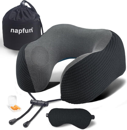 napfun Neck Pillow for Traveling, Upgraded Travel Neck Pillow for Airplane 100% Pure Memory Foam Travel Pillow for Flight Headrest Sleep, Portable Plane Accessories, Striped Black