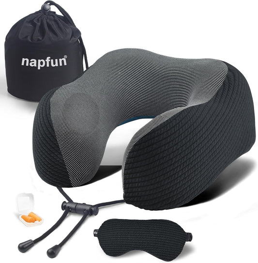 napfun Neck Pillow for Traveling, Upgraded Travel Neck Pillow for Airplane 100% Pure Memory Foam Travel Pillow for Flight Headrest Sleep, Portable Plane Accessories, Striped Black