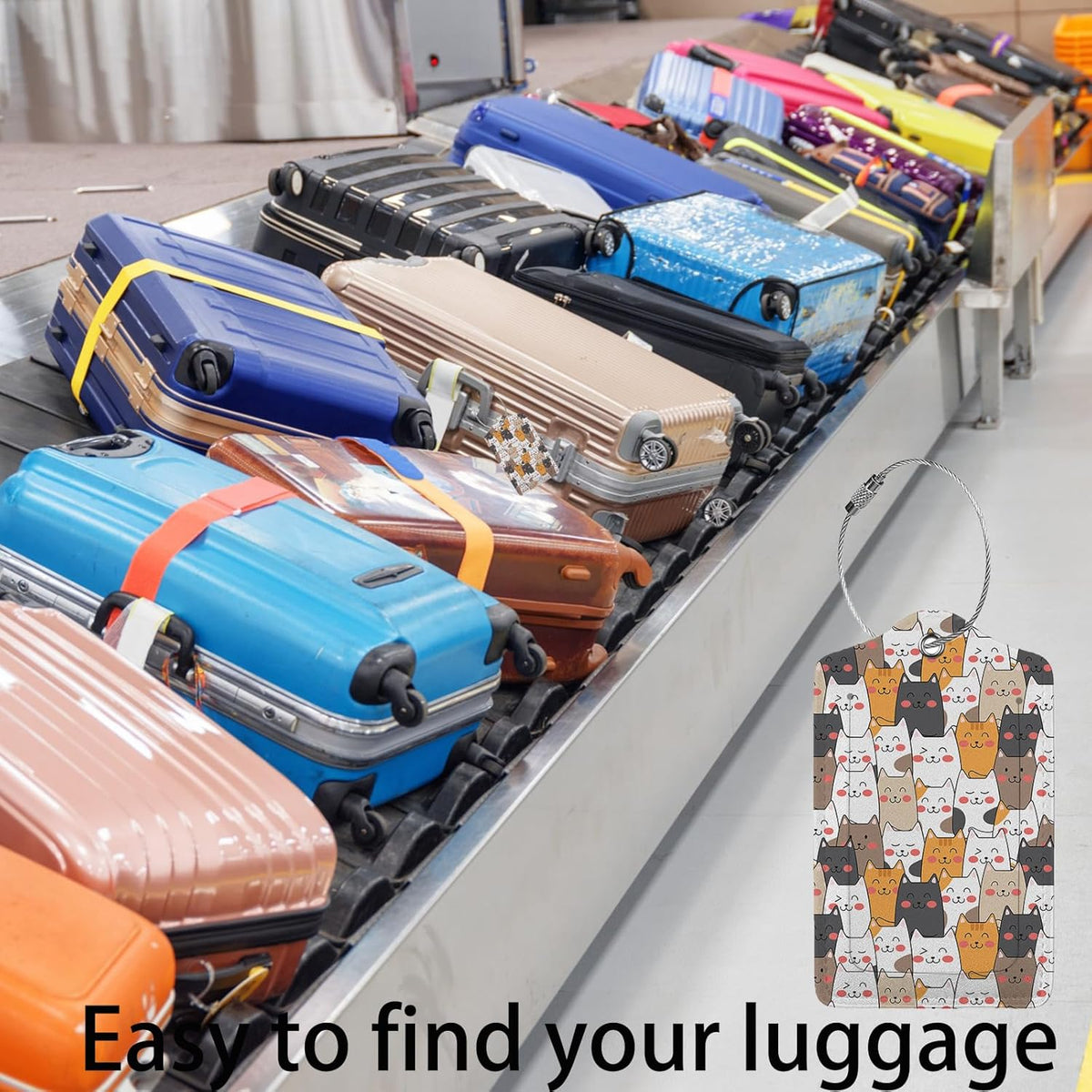 Stacked Cats Luggage Tags for Suitcases,2 Pack Luggage Tag, Leather Stainless Steel Loop Label Tag for Women Girl Travel Bag Suitcase
