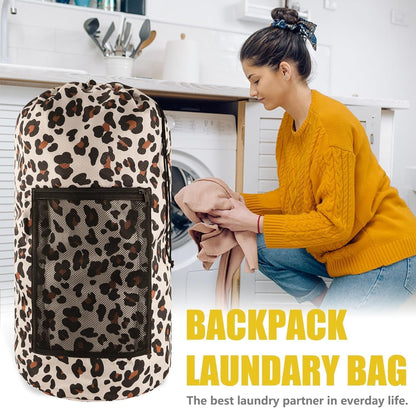Laundry Bag Backpack, 2PCS Extra Large Travel Laundry Bag with Mesh Pocket & Adjustable Shoulder Straps,Dirty Clothes Travel Bag for College Students Dorm,Apartment(Leopard Print)