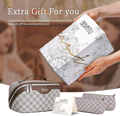 BOYATU Travel Makeup Bag Cosmetic Bags for Women: Large Make up Bags Set of 3 - Portable Makeup Organizer with Compartments&Handle&Divider - Waterproof PU Leather Toiletry Bag(02-Light Brown)