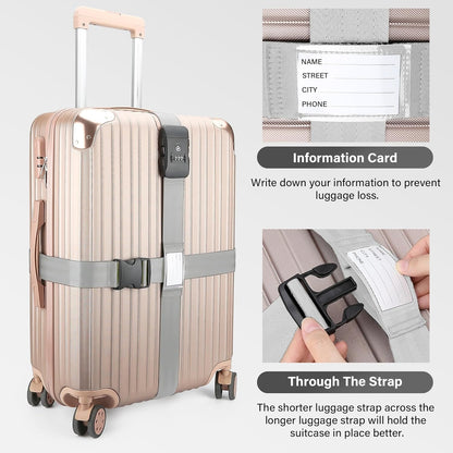 Luggage Straps, Grey TSA Approved Luggage Strap Belt with Combination Lock for Suitcases, 2 Pack Adjustable Heavy Duty Cross Suitcase Straps with Name Tags for Travel, Carry On Bags, Protect Luggage