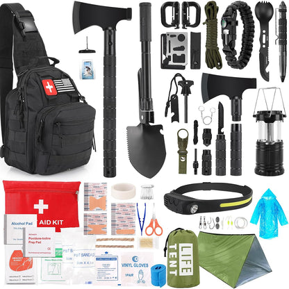 Survival Kit, 268 Pcs Emergency Survival Gear and Equipment Supplies with First Aid Kit, Camping Axe, Headlamp, Tent, Crossbody Bag for Camping Hiking, Hunting, Car, Gift for Christmas Men, Dads, Him