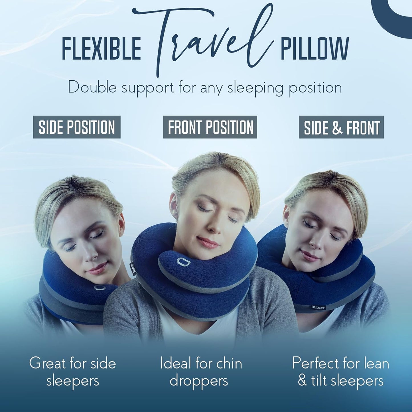 BCOZZY Travel Neck Pillow for Airplane– Patented Double Support for Head, Neck, and Chin. Best for Long Flights, Plane Sleeping, and Car Rides. Adjustable Size. Fully Washable. Carry Bag. Large, Nude