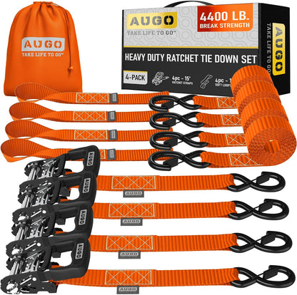 AUGO Heavy Duty Ratchet Straps & Soft Loops – Pack of 4 Extra Strong 1.5” by 15’ Ratchet Straps w/S-Hook Safety Latches & 4 Soft Loop Tie Downs – 4400Lb Break Strength for Motorcycles, ATVs, Etc.