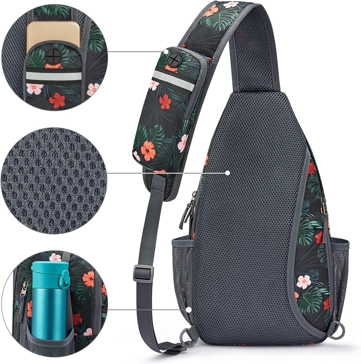 G4Free Sling Bag RFID Blocking Sling Backpack Crossbody Chest Bag Daypack for Hiking Travel(Black Base Floral)