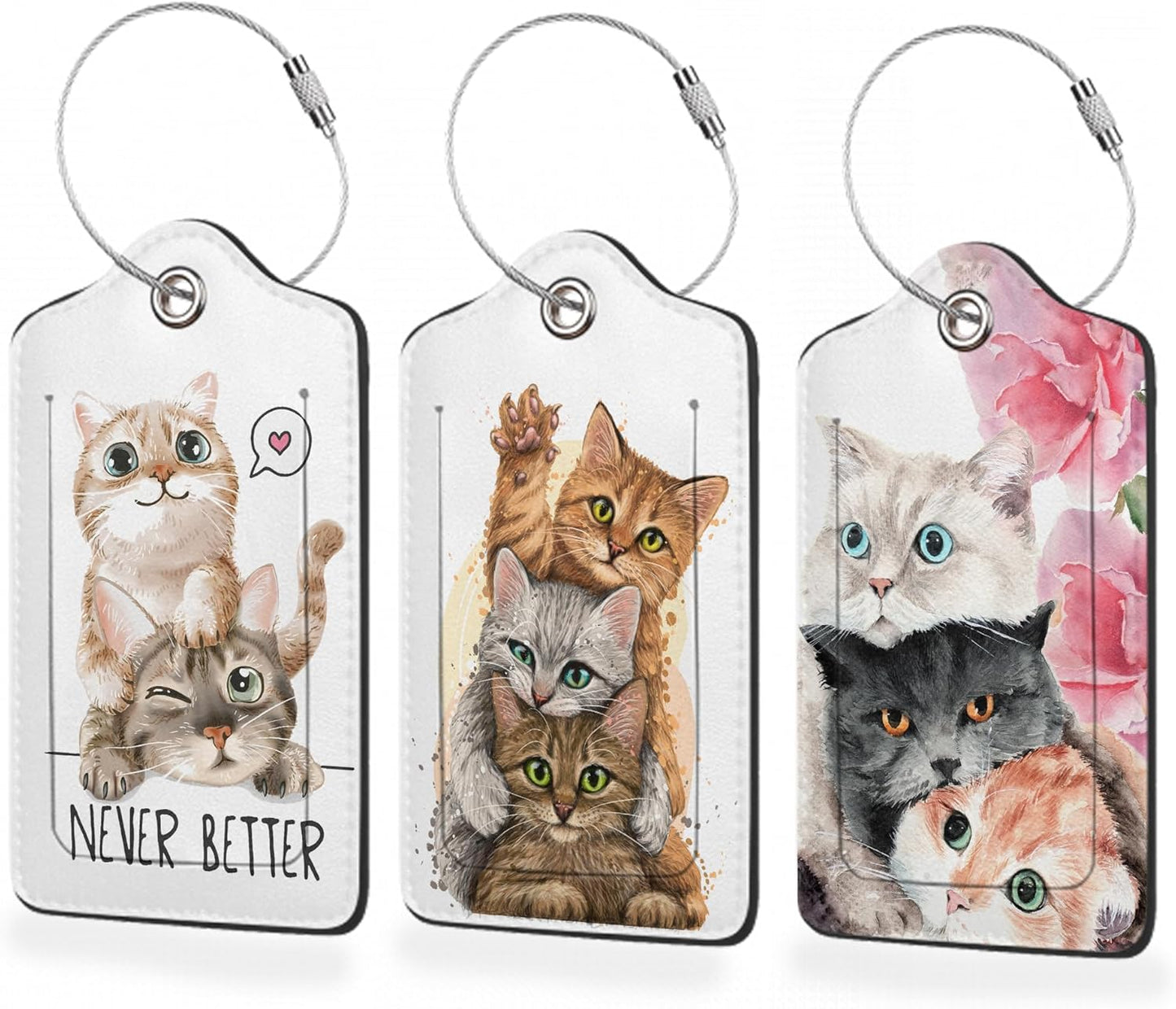3 Pack Luggage Tag for Suitcase,Cute Funny Cat Leather Luggage Tags with Privacy Cover Name ID Label Identifiers Travel Bag Tags for Women Men Boys Girls