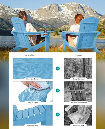 SERWALL Adirondack Chair with Cup Holders - Composite Adirondack Chairs Set of 6 HDPE Outdoor Chairs All Weather Use- Light Blue