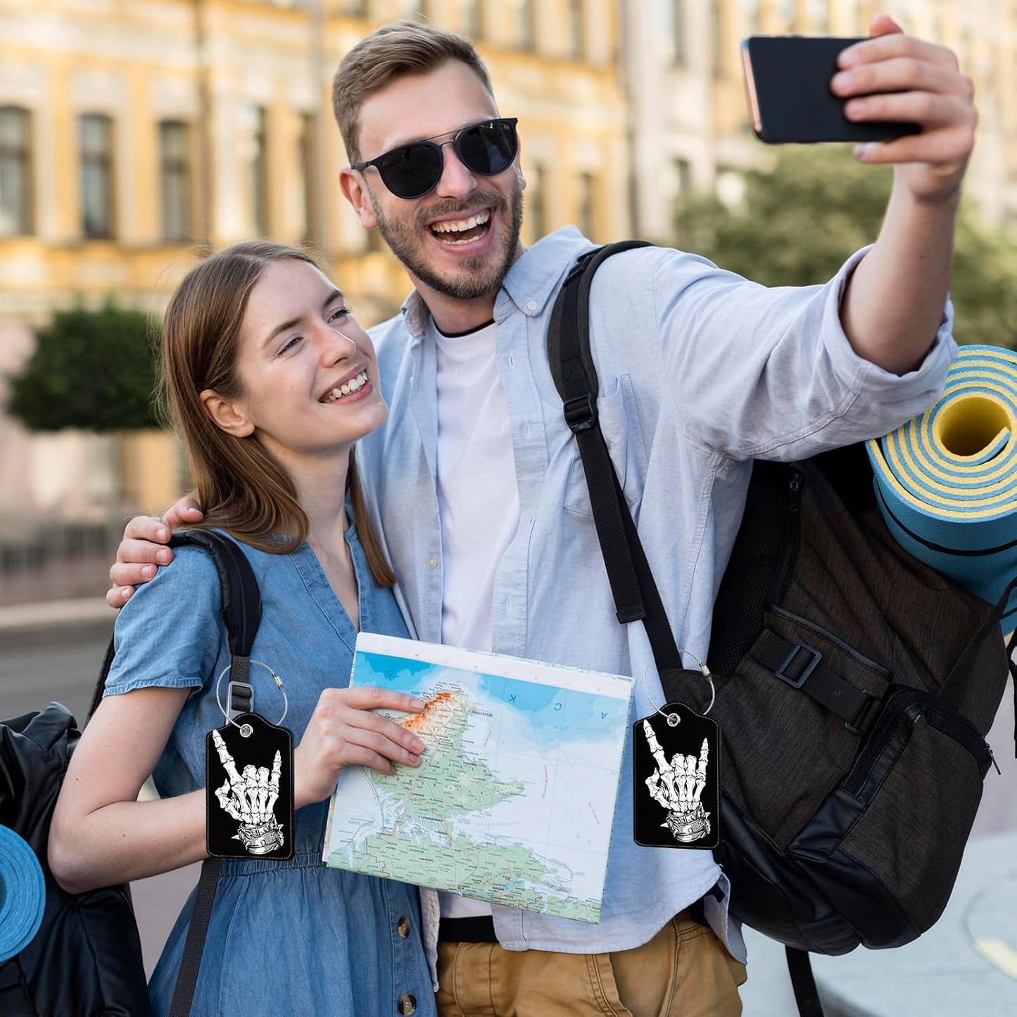 2 Pcs Skull Luggage Tags for Suitcases, Black Leather Luggage Tags, Privacy Cover ID Label with Stainless Steel Loop & Address Card, Funny Skull Travel Bag Tag Luggages Accessories for Suitcases