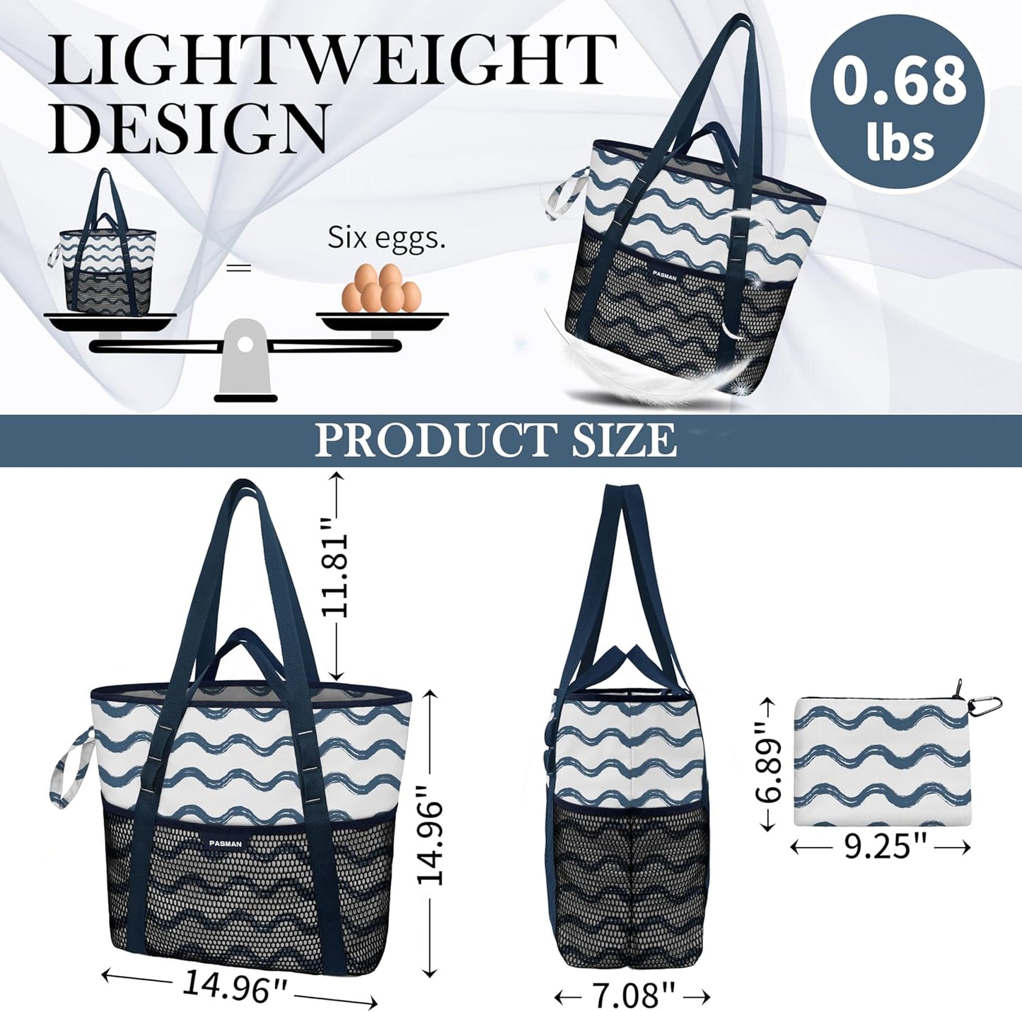 Beach Bag with Zipper - 8 Pockets Sandproof Beach Tote Bag for Women,Foldable Lightweight Family Swim Bag Vacation