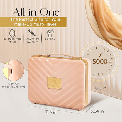Travel Makeup Case with LED Mirror - Durable Makeup Case with Lighted Mirror with 3 Adjustable Light Settings - Rechargeable Makeup bag with light up Mirror - Mini 10x mirror included