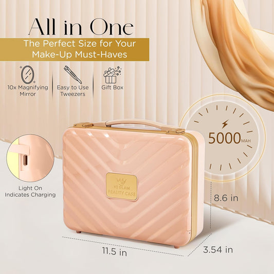 Travel Makeup Case with LED Mirror - Durable Makeup Case with Lighted Mirror with 3 Adjustable Light Settings - Rechargeable Makeup bag with light up Mirror - Mini 10x mirror included