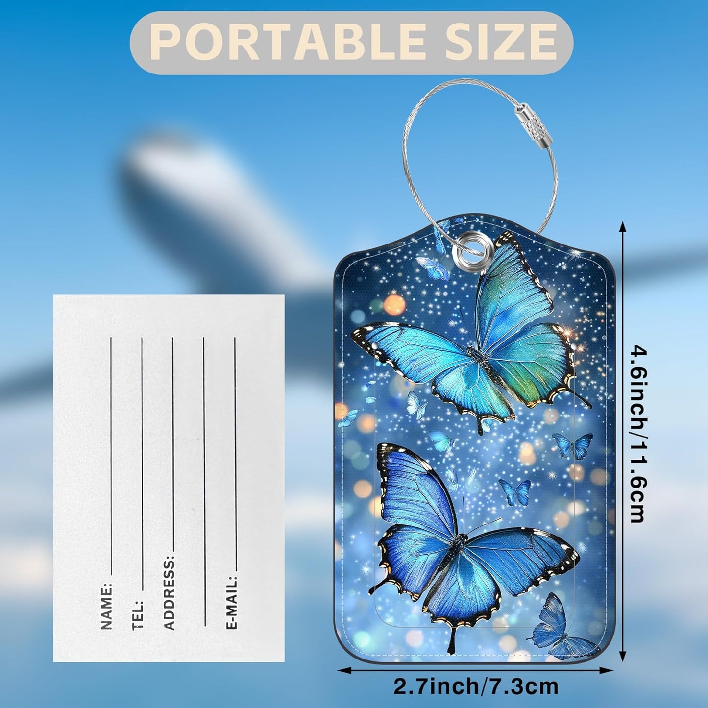 2 Pcs Blue Glowing Butterfly Luggage Tags for Suitcases PU Leather Baggage Tags Name ID Label with Privacy Cover and Stainless Steel Loop for Men Women Travel Bag Suitcase