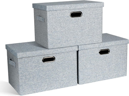 Large 17" 36 Quart Collapsible Stackable Storage Bins with Lids, 3 Packs Blue-Grey Linen Fabric Closet Boxes with Lids, Storage Cube Baskets Container Organizers for Bedroom (17x12x11)