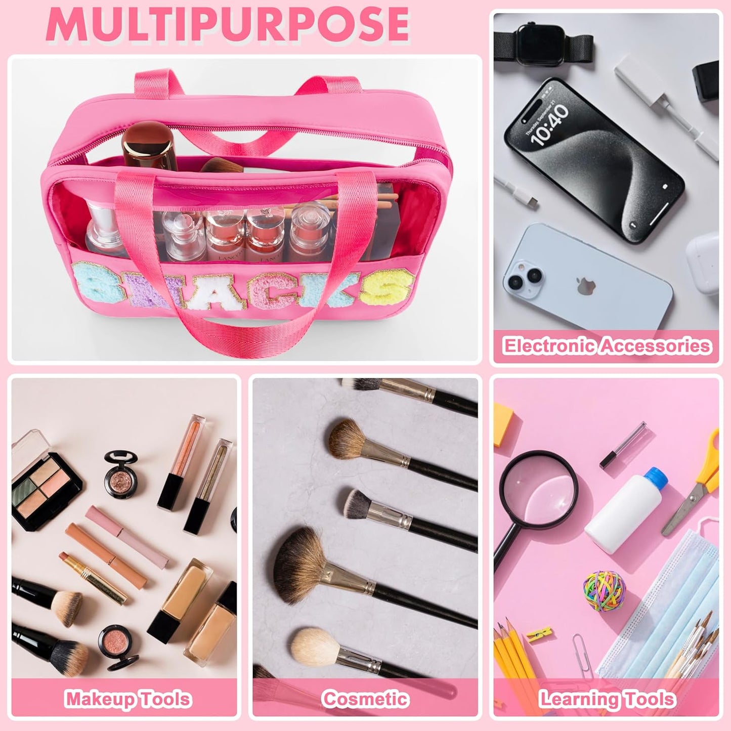 Snack Bag for Travel - Chenille Letter Clear Makeup Bag, Large Preppy Patch Snack Cosmetic Bag with Handle and Zipper, Cute Makeup Pouch Nylon&PVC Waterproof Toiletry Organizer Storage for Women Girls