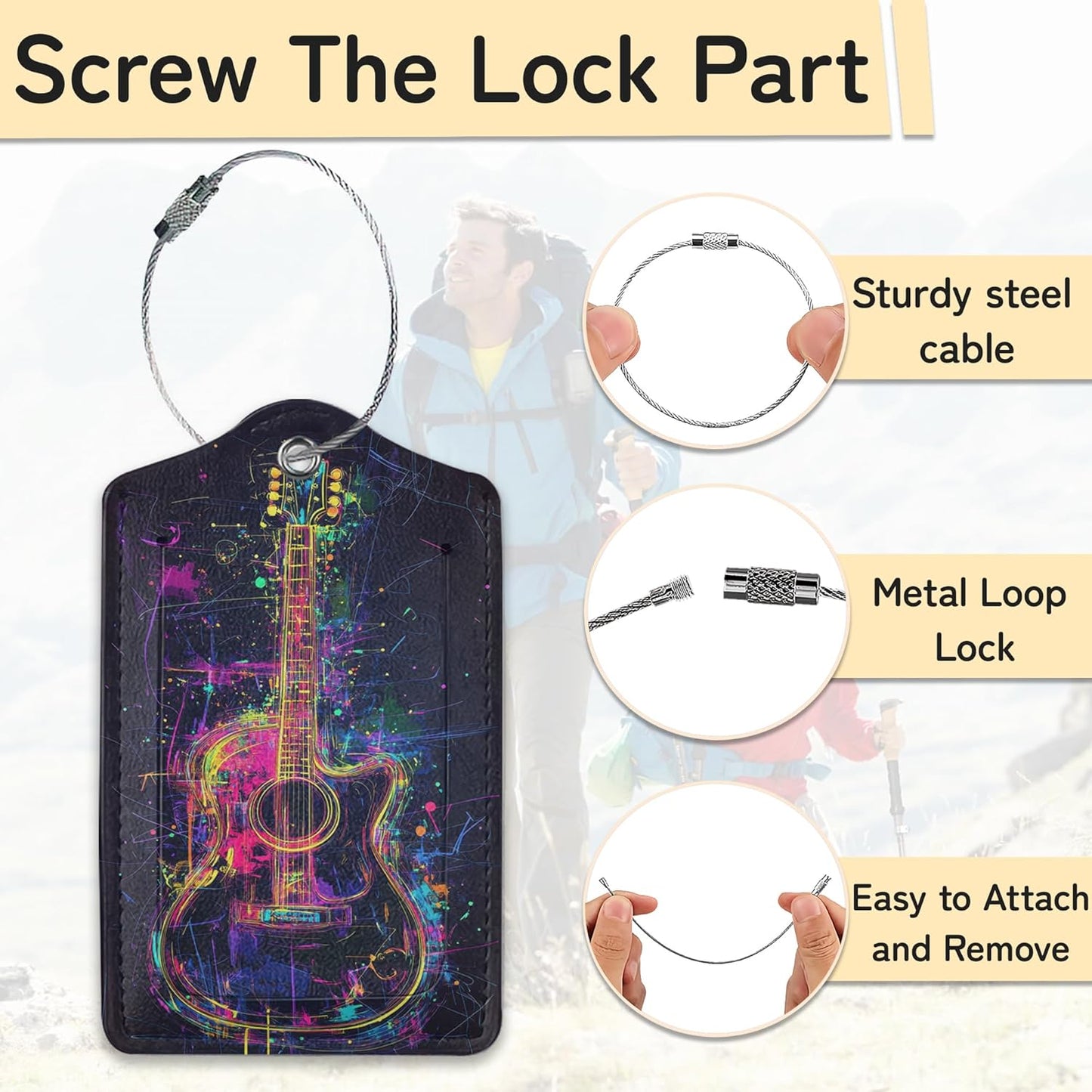 3 Pack Music Luggage Tags for Suitcases, Note Headphones Guitar Cute Leather Name Tag with Privacy Cover with Stainless Steel Loops, Travel ID Bag Tags for Women Men