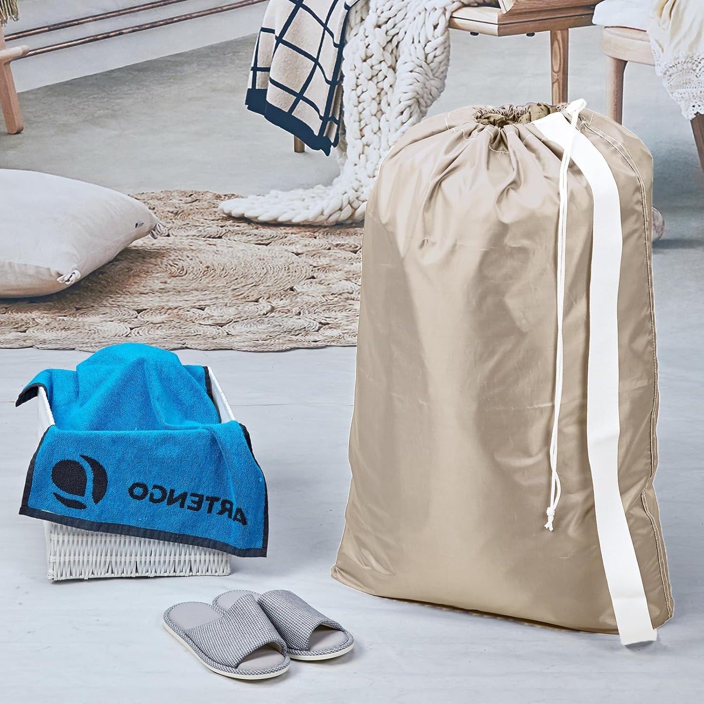 HOMEST 2 Pack XL Nylon Laundry Bag with Strap, Large Dirty Garments Organizer, Easy Fit a Hamper or Clothing Basket, Can Carry Up to 4 Loads of Clothes, Beige