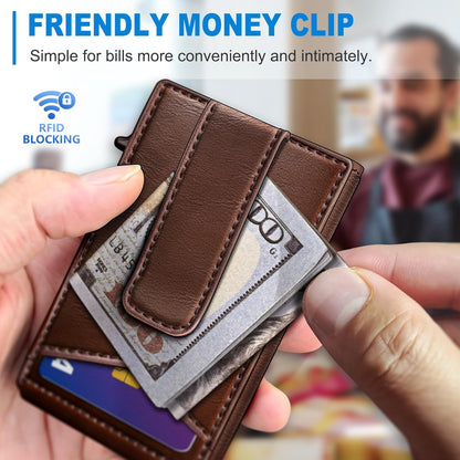 Airtag Wallet for Men,with Money Clip Gift Boxed,Slim Front Pocket Wallet RFID Blocking Metal Case Smart Pop-up Credit Card Holder in Magnetic Leather Flip