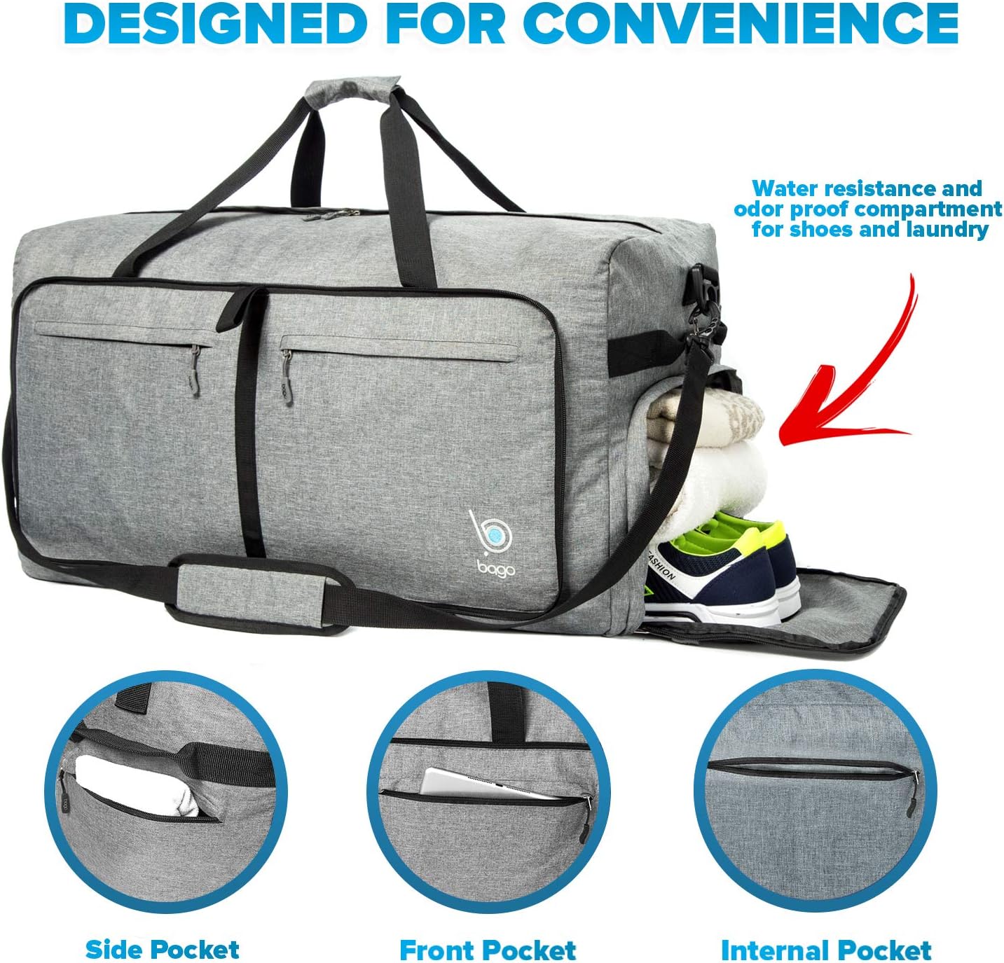 Bago Large Foldable Duffel Bags for Traveling Women & Men - 100L Packable Duffle Bag for Travel with Shoe Compartment - Water Repellant, Heavy Duty, Lightweight Folding & Collapsible (SnowGray)