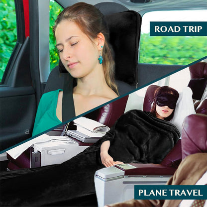PAVILIA Travel Blanket and Pillow, Arms Opening Airplane Blankets for Adults, Compact Plane Blanket with Arm Hole 2-in-1 Bag for Flight Car Camping Fit in Luggage Backpack Traveler Gift, Black