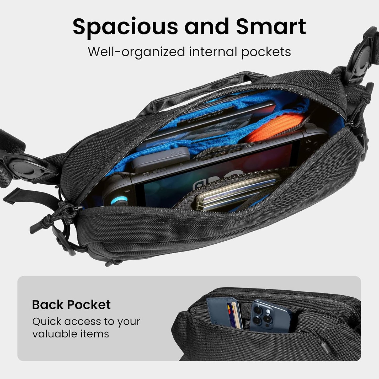 tomtoc 5.5L Sling Bag for Nintendo Switch 2, Heavy Duty Crossbody Bag for Men/Women, Water-resistant Tactical Carry Chest Daypack Travel Shoulder Pack for Steam Deck OLED, ASUS ROG Ally X, iPad mini