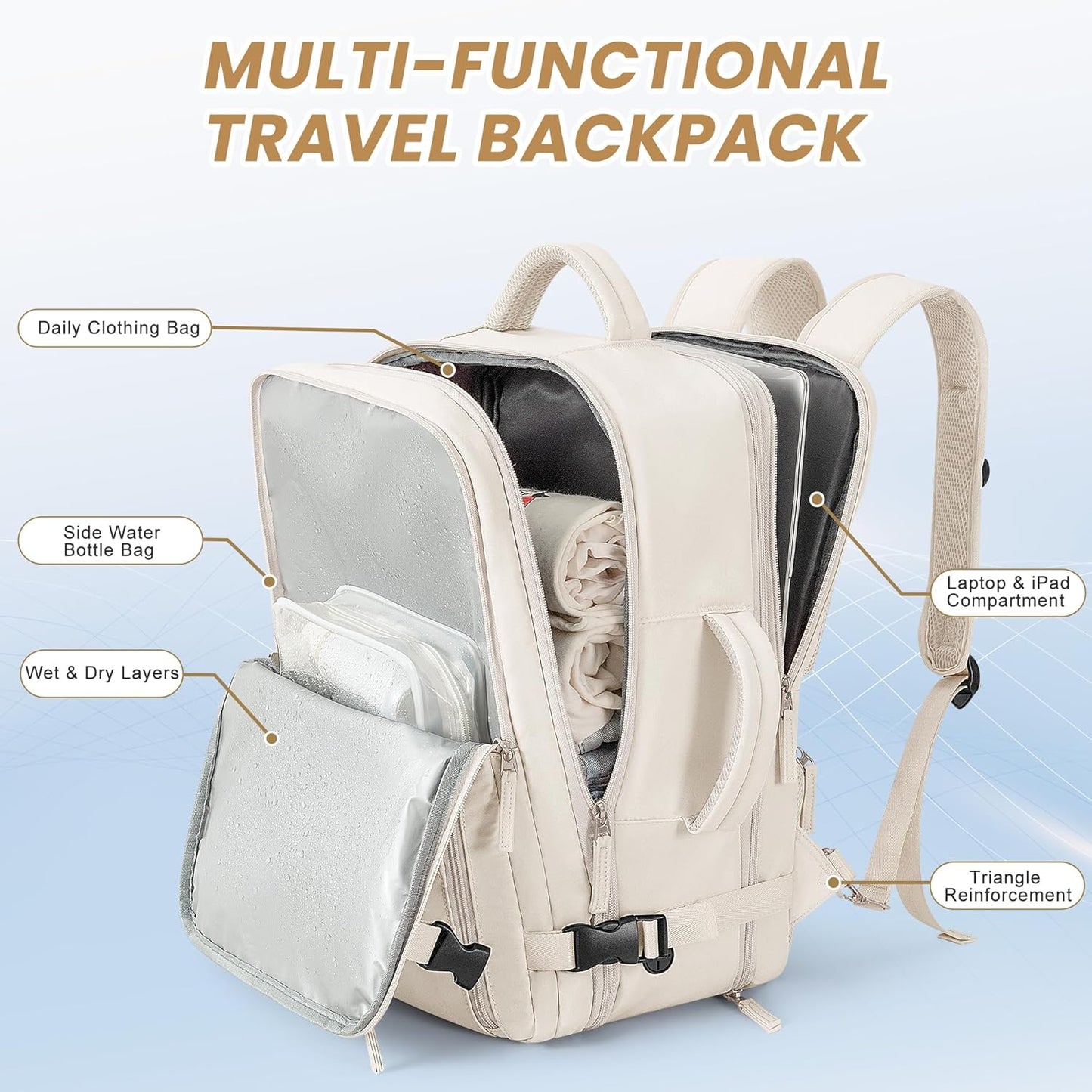 Beraliy Travel Backpack, Large Carry On Backpack, Personal Item Travel Bag, Airline Approved 17 Inch Laptop Backpack, College Weekender Business Hiking Bag, Beige