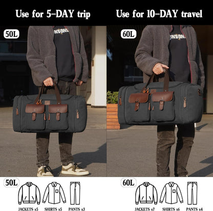 Canvas Duffle Bag for Men 50L Travel Duffel Bags Expandable Genuine Leather Overnight Weekender Carry On Bag Two Zipper Pockets Travel Bag (Black, Large-50L)