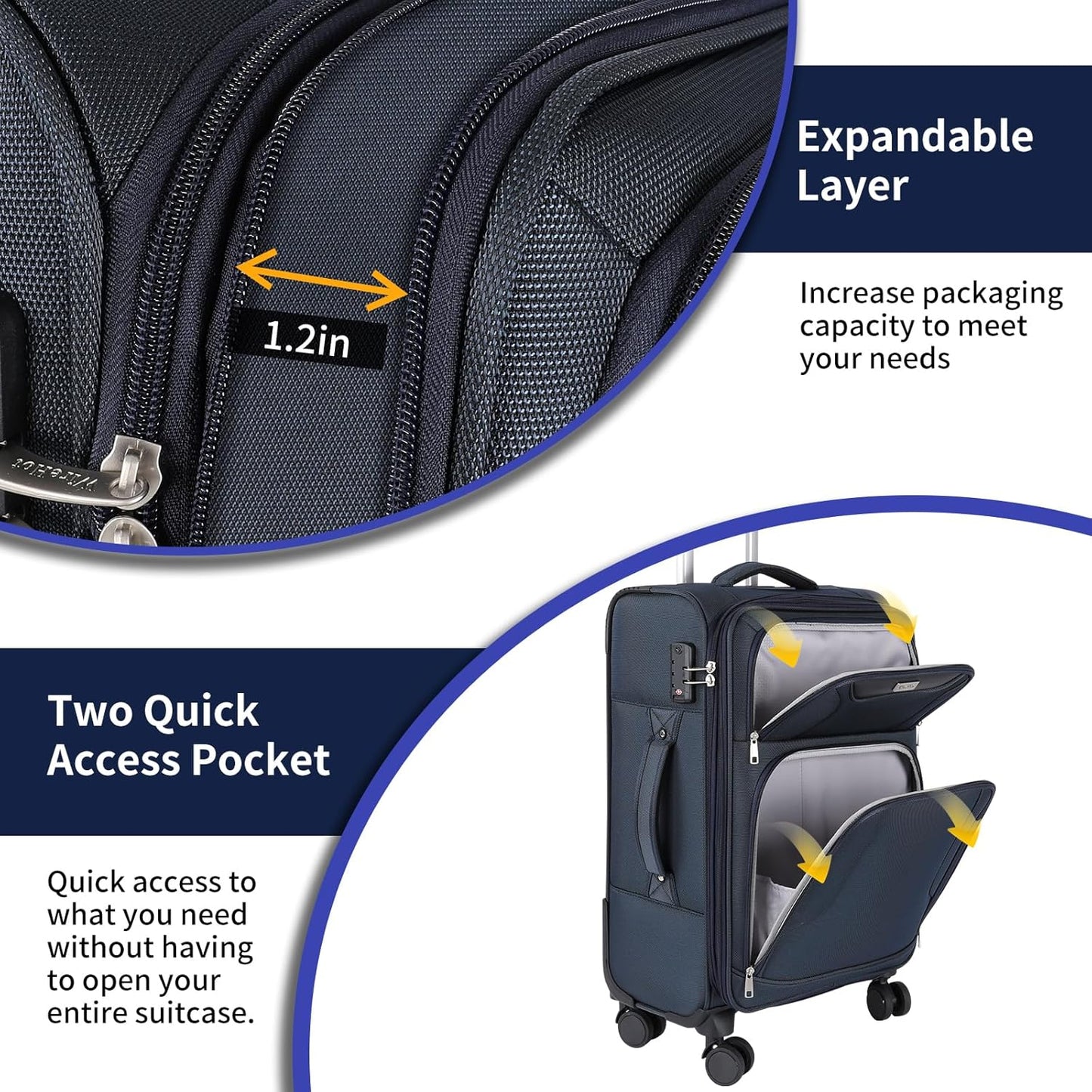 3-Piece Softside Expandable Luggage Set with Front Open Pocket, Lightweight and Durable Oxford Fabric Suitcase Set with TSA Lock (Blue, 20in/24in/28in)