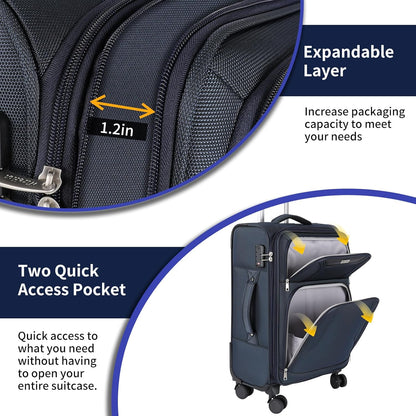 3-Piece Softside Expandable Luggage Set with Front Open Pocket, Lightweight and Durable Oxford Fabric Suitcase Set with TSA Lock (Blue, 20in/24in/28in)
