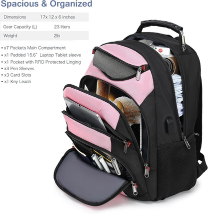 Boavan Laptop Backpack for men, 15.6 inch Laptop Bag with USB Port, Waterproof Travel Work Backpack Purse, Anti-Theft Teacher Nurse Doctor Casual Bookbags Office Business backpack，PinkBlack