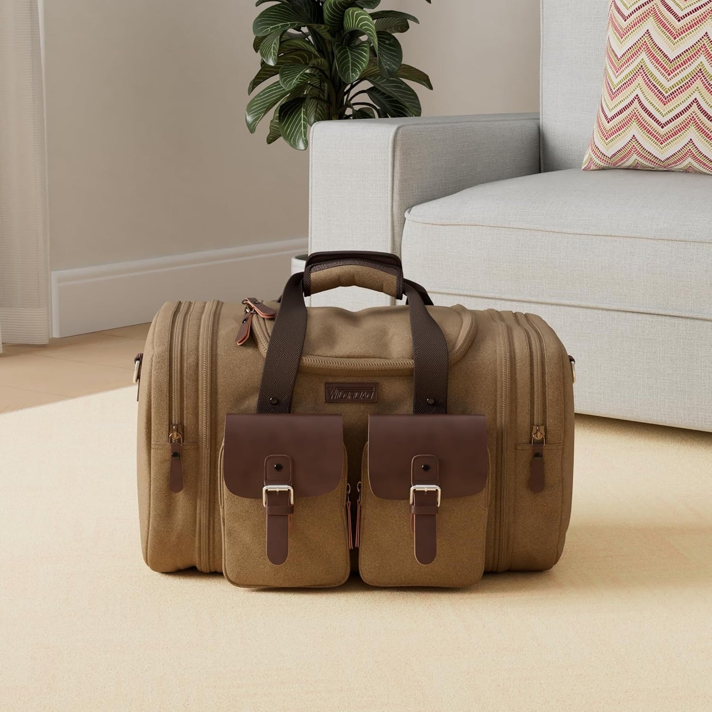 Wildroad 60L Travel Duffel Bag, Expandable Canvas Genuine Leather Duffle Bag Upgraded Overnight Weekender Bag Carry on Bag (Coffee, X Large-60L)