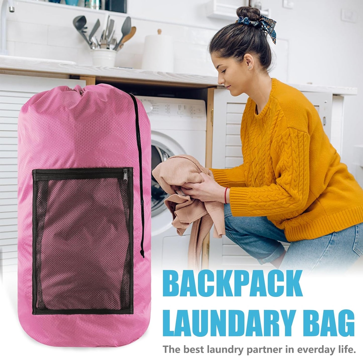 Laundry Bag Backpack,Olosar 2PCS Extra Large Travel Laundry Bag with Mesh Pocket & Adjustable Shoulder Straps,Dirty Clothes Travel Bag for College Students Dorm,Apartment(Pink)