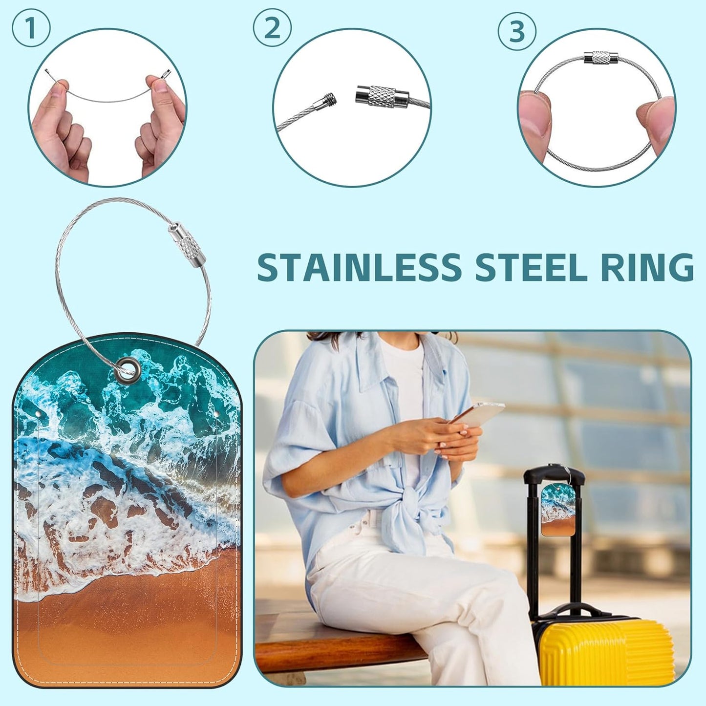 Sandy Beach Wave Luggage Tag for Suitcase Set of 2 PU Leather Cute Luggage Tags with Stainless Metal Loop ID Label Privacy Flap Suitcase Tags for Women and Men Travel