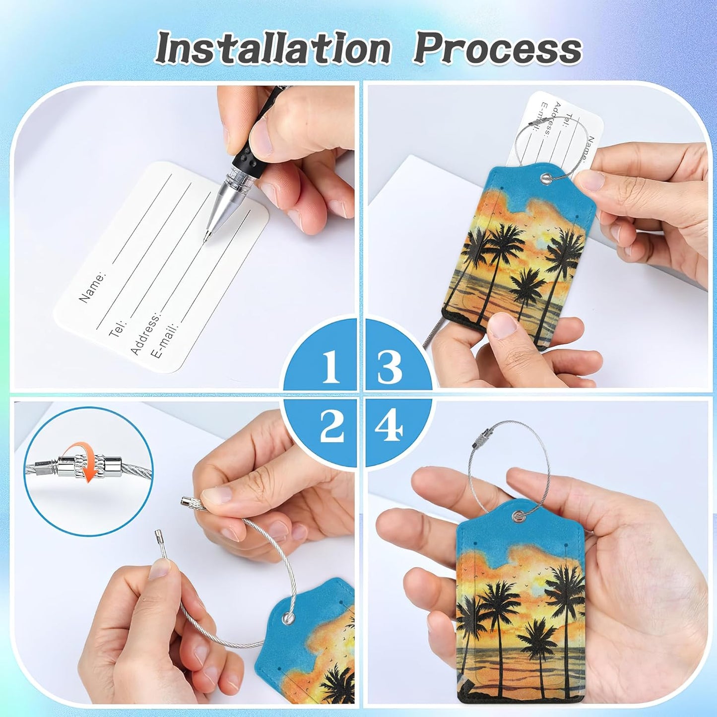 3 Pack Luggage Tag for Suitcase,Tropical Sunset Palm Leather Luggage Tags with Privacy Cover Name ID Label Identifiers Travel Bag Tags for Women Men Boys Girls