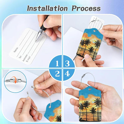 3 Pack Luggage Tag for Suitcase,Tropical Sunset Palm Leather Luggage Tags with Privacy Cover Name ID Label Identifiers Travel Bag Tags for Women Men Boys Girls