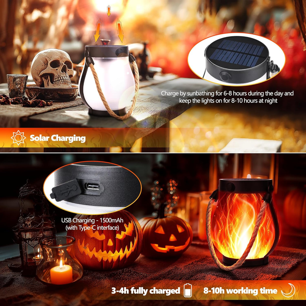 Halloween Solar Flame Lantern Hanging Outdoor Waterproof Purple - 2 Pack Flame Lanterns with Dual Charging Modes of Solar & USB for Garden or Yard Halloween Decorations (Red - 2 Pack)