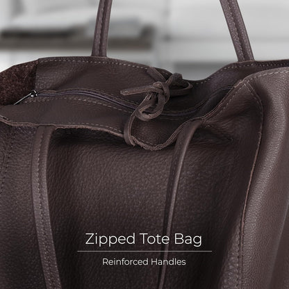 Italian Calf Leather Tote for Women with Zipper, Inner Pocket & Flat Base | Soft Unlined Shopper for Work & Travel