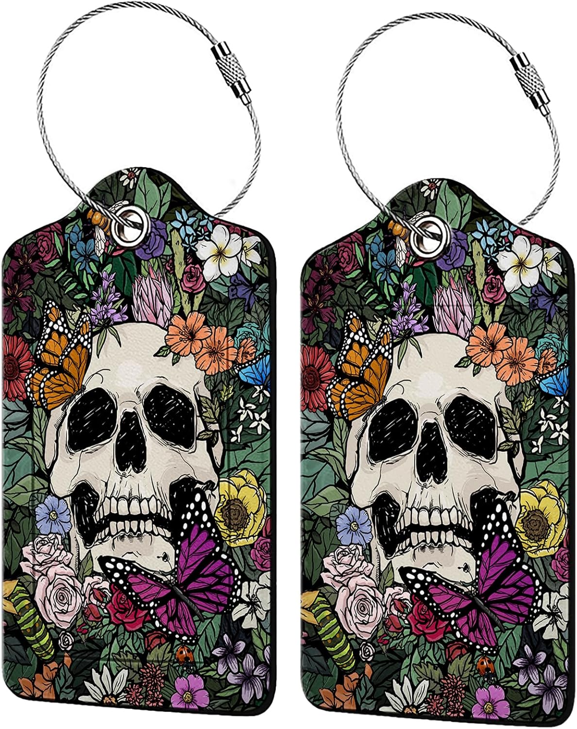 Skull and Colorful Flower Luggage Tags for Suitcases,2 Pack Luggage Tag, Leather Stainless Steel Loop Label Tag for Women Girl Travel Bag Suitcase