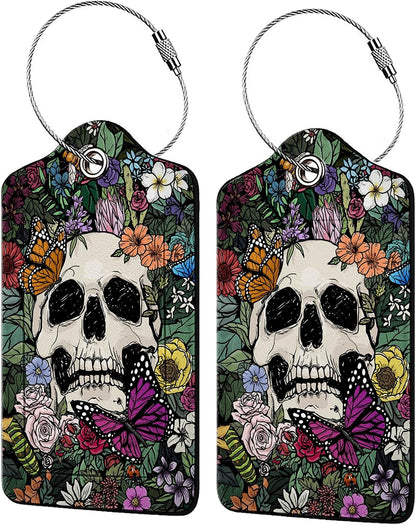 Skull and Colorful Flower Luggage Tags for Suitcases,2 Pack Luggage Tag, Leather Stainless Steel Loop Label Tag for Women Girl Travel Bag Suitcase