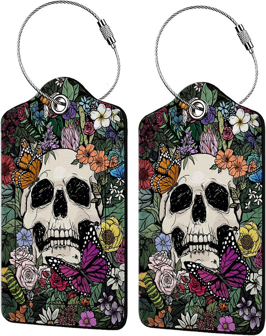 Skull and Colorful Flower Luggage Tags for Suitcases,2 Pack Luggage Tag, Leather Stainless Steel Loop Label Tag for Women Girl Travel Bag Suitcase