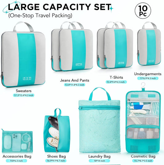 10 Set Compression Packing Cubes for Travel Essentials,Compressible Expandable Packing Cubes for Suitcase,OlarHike Luggage Organizer Bags for Travel,Handy Helper for Organizing Clothes(Blue Green)