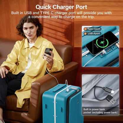 Hanke 28 Inch Luggage with Cup Holder and Charge,Top Opening Hard Shell Suitcases with Wheels and Dividers,Aluminum Frame Trunk Luggage Extra Large Suitcase with Lock for Travel,Caribbean Blue