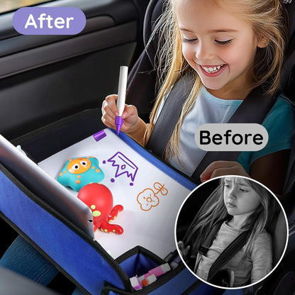 2Pcs‎ Kids Travel Tray, Kids Travel Trays for Car Seat, Road Trip Essentials for Toddler, Carseat Lap Tray with Dry Erase Board & Storage Organizer for Road Trip Activities for Kid, Blue