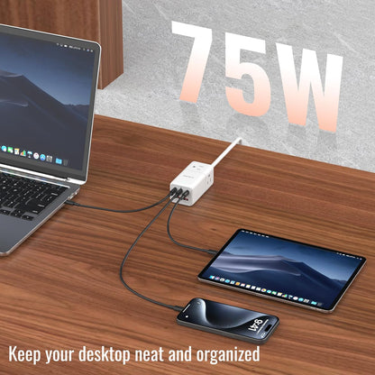 NENJI 75W GaN USB-C Super Fast Charging Station, 8-in-1 Power Strip with 5 USB & 3 AC Ports, Smart Charging, Fast PD Charger for iPhone, Samsung, iPad, MacBook – Desktop & Travel-Friendly – White
