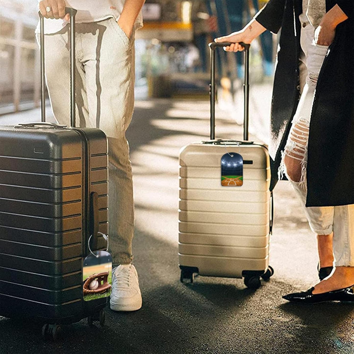 2 PCS Leather Luggage Tag for Suitcase Old Baseball and Glove on Baseball Grand Travel Suitcase Labels with Privacy Name ID Label and Stainless Steel Loop for Adults Teens Travel Bag Labels Set